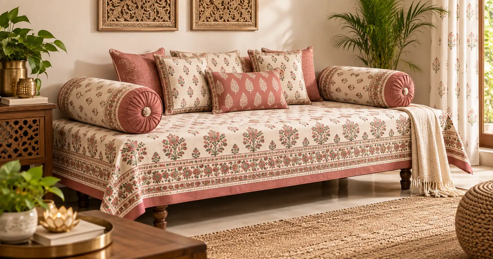 Indian diwan set for home with coordinated cushions and bolster
