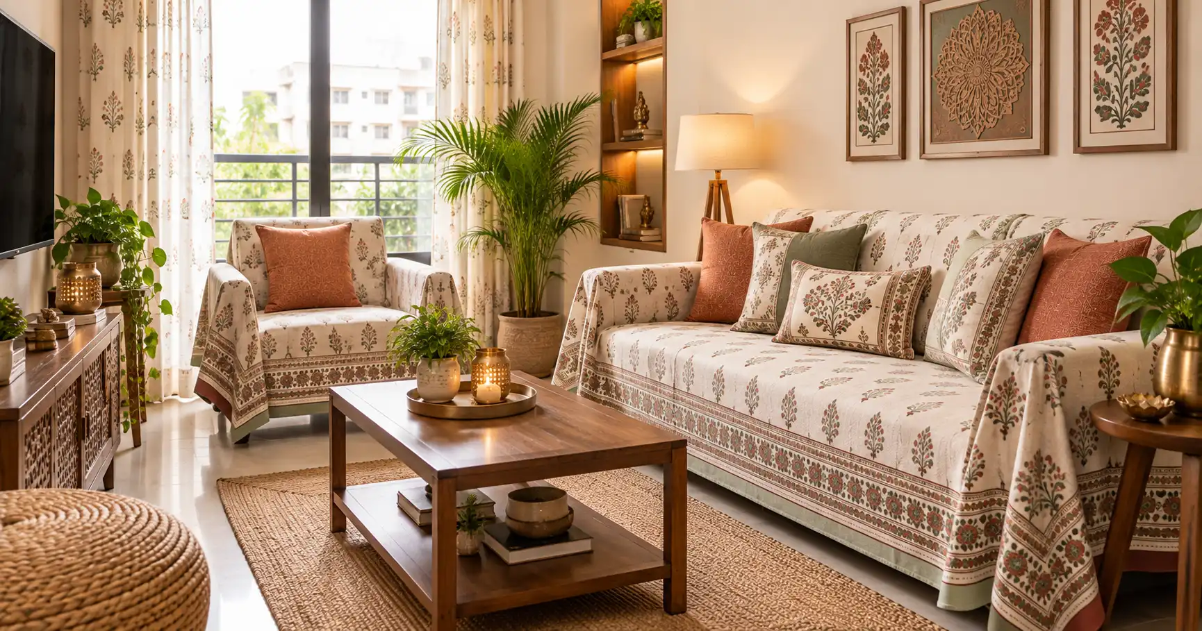 small Indian living room furnishing ideas with cushions and sofa cover