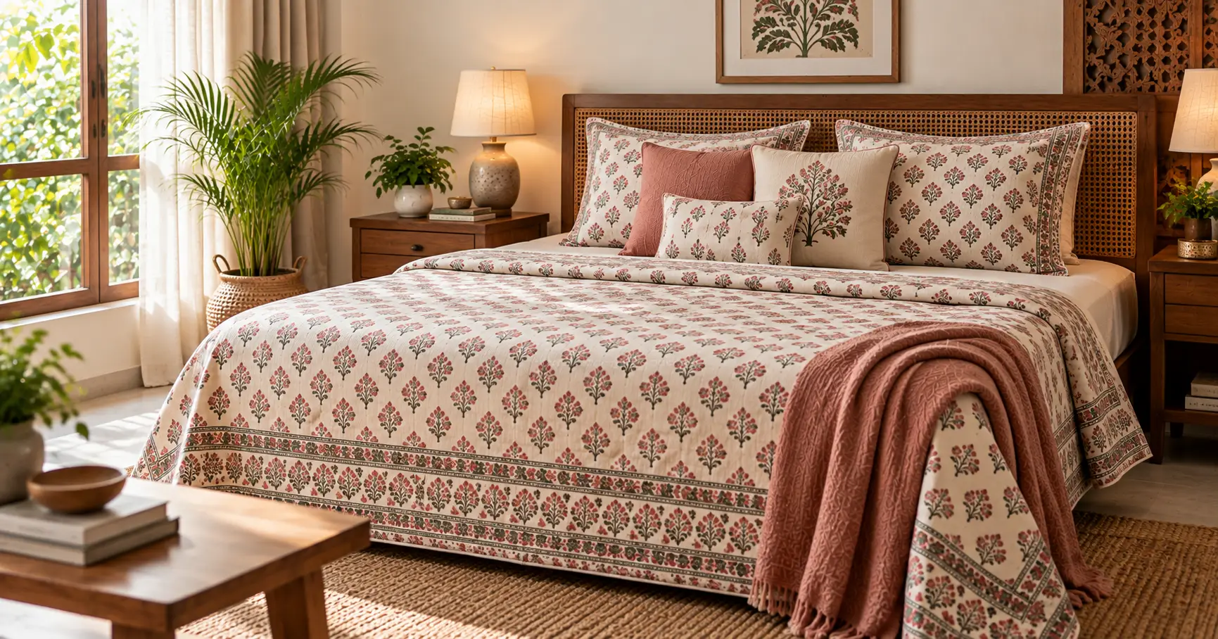 Bedroom styled with a cotton room set and coordinated furnishings