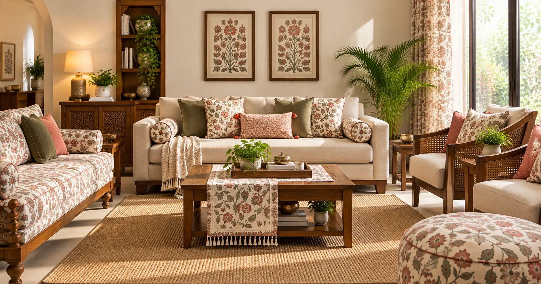 Elegant living room home furnishing with coordinated textiles