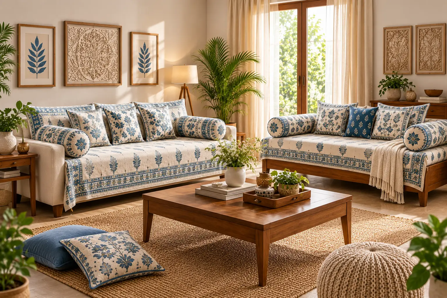 Complete coordinated living room with cotton sofa and diwan furnishings