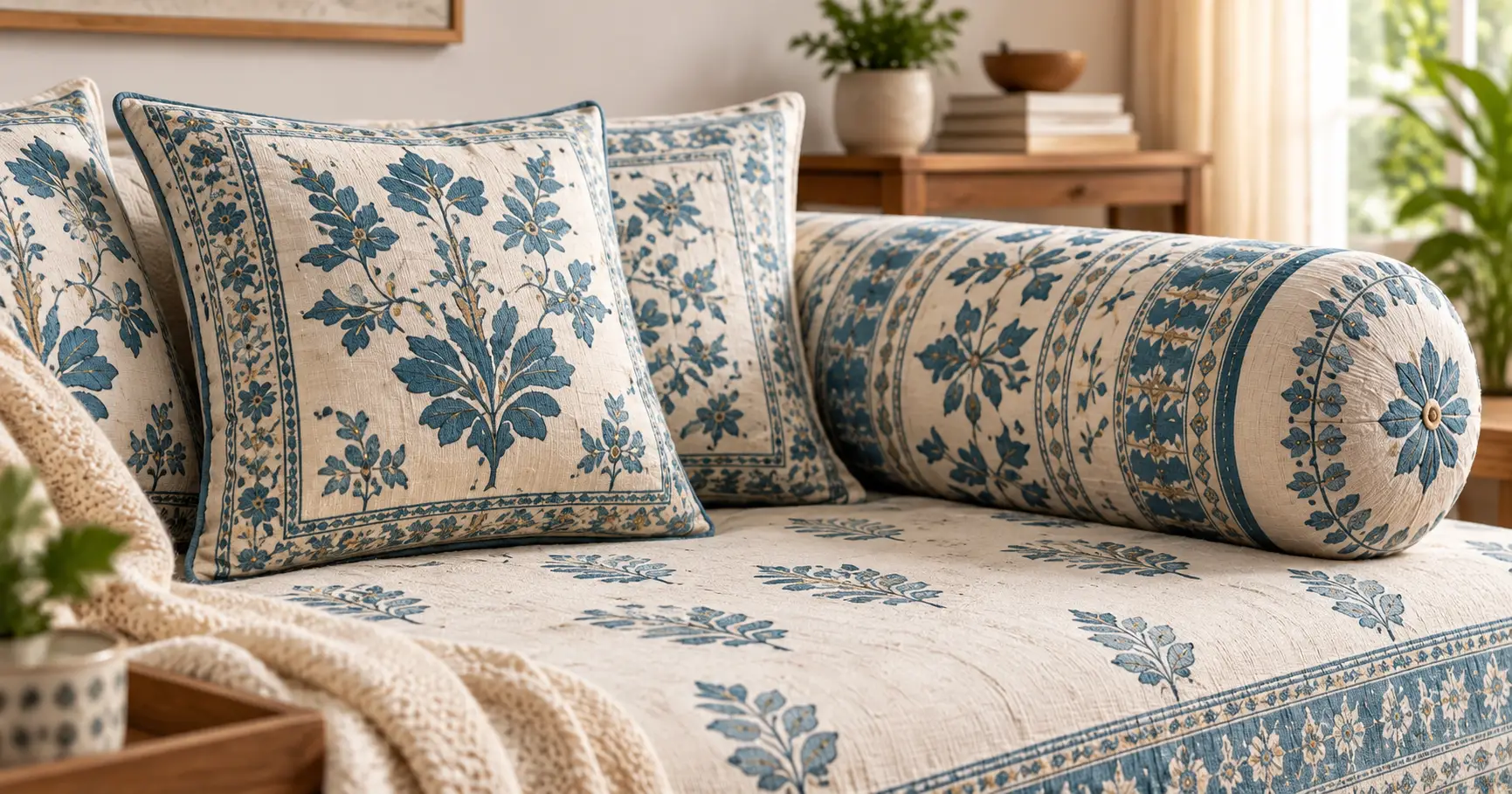 Cotton cushion and bolster covers styled on a sofa