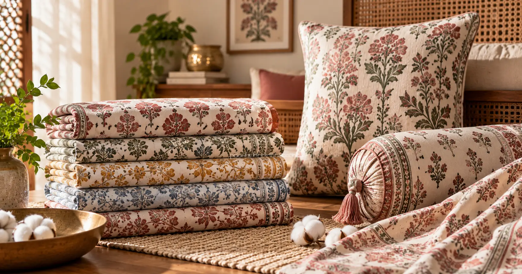 Cotton home furnishing fabric with Indian floral patterns