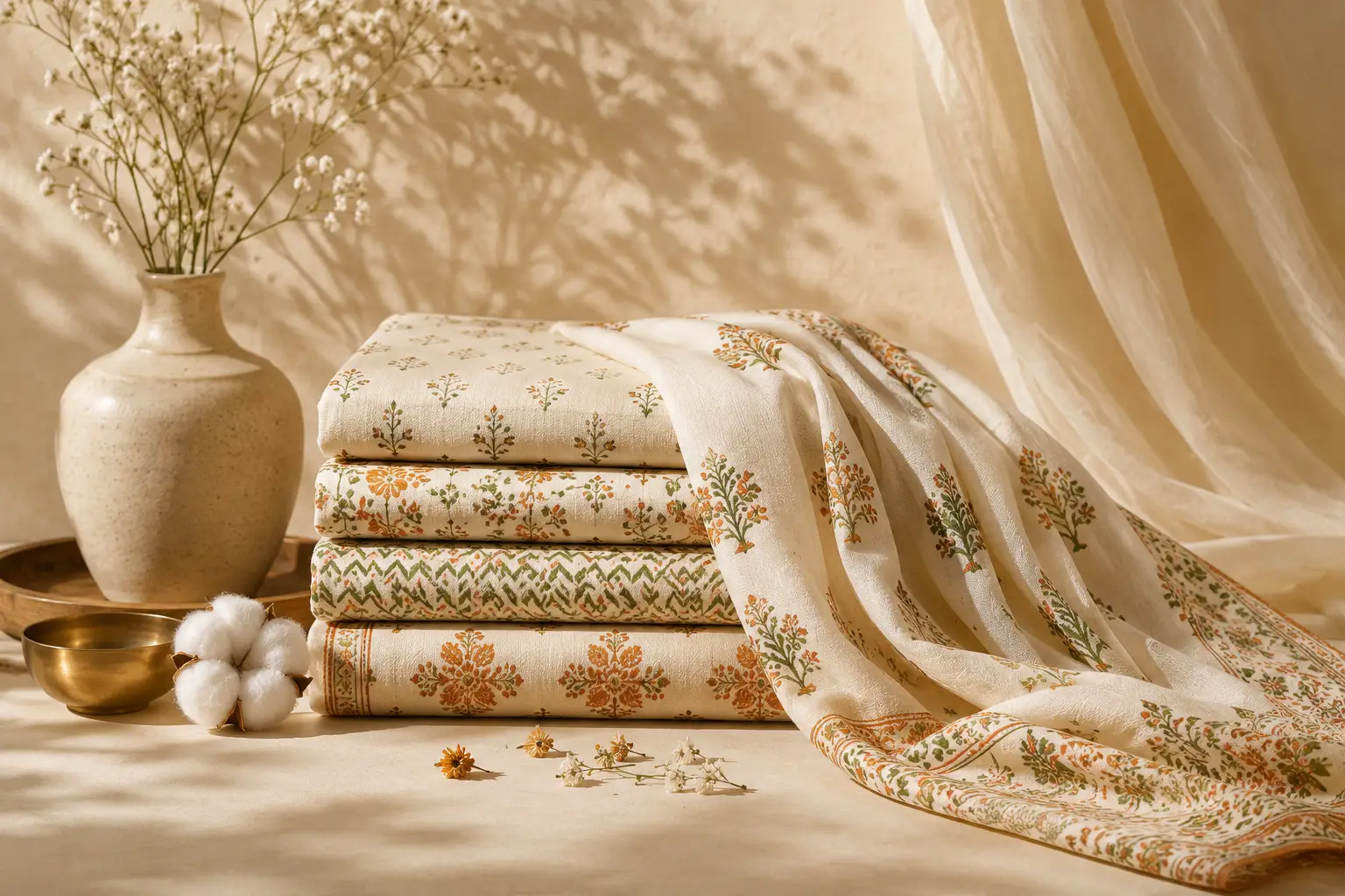 Cotton home furnishing fabrics with traditional Indian floral patterns