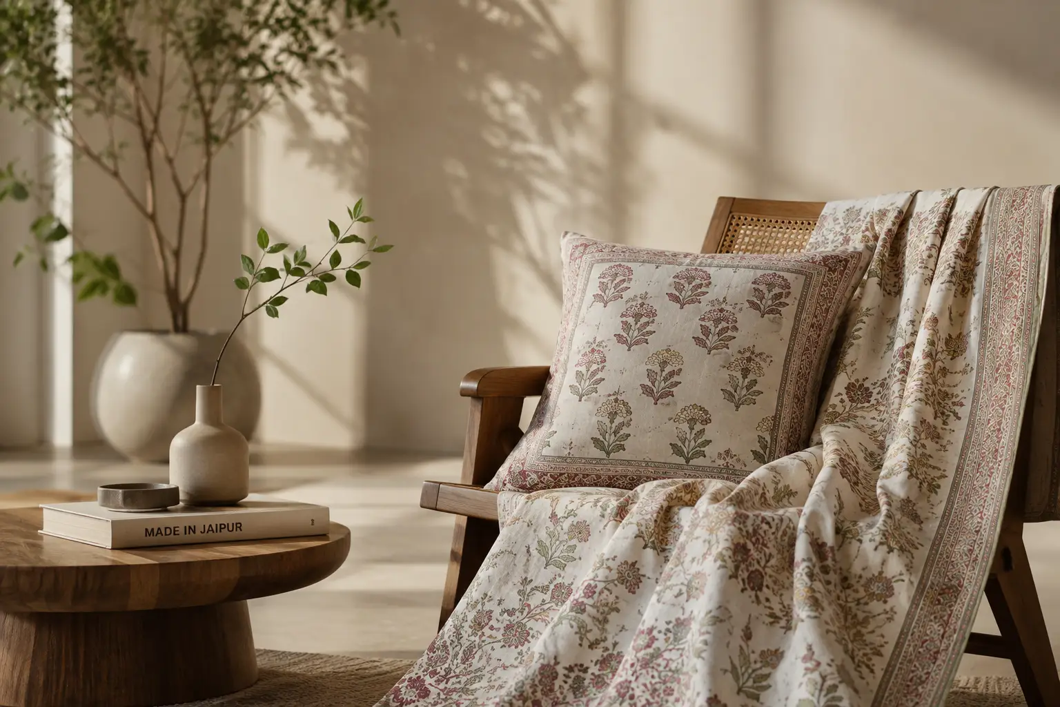 Cotton cushions and patterned textiles in an Indian-inspired home