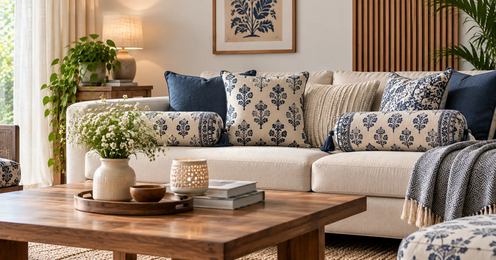 Decorative cushion covers and bolsters on a sofa