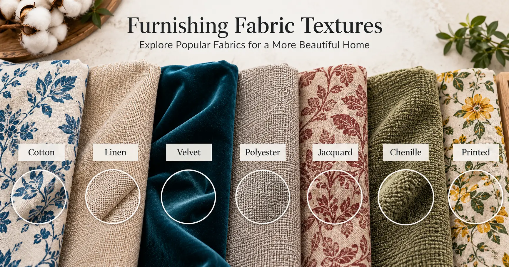 Different types of furnishing fabric textures including cotton linen velvet and jacquard