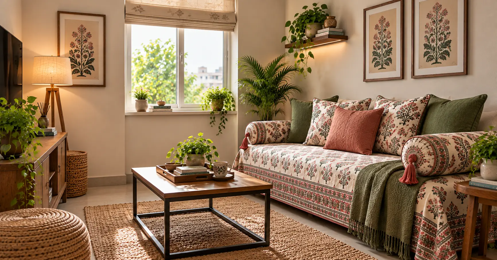 Indian diwan area styled with a patterned diwan set and cushions
