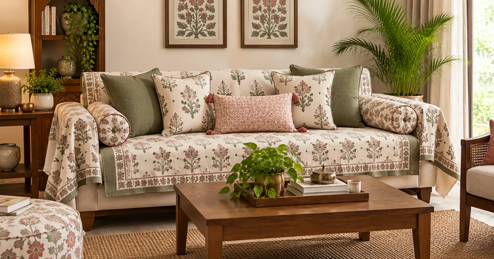Styled Indian diwan with cushions and patterned furnishing