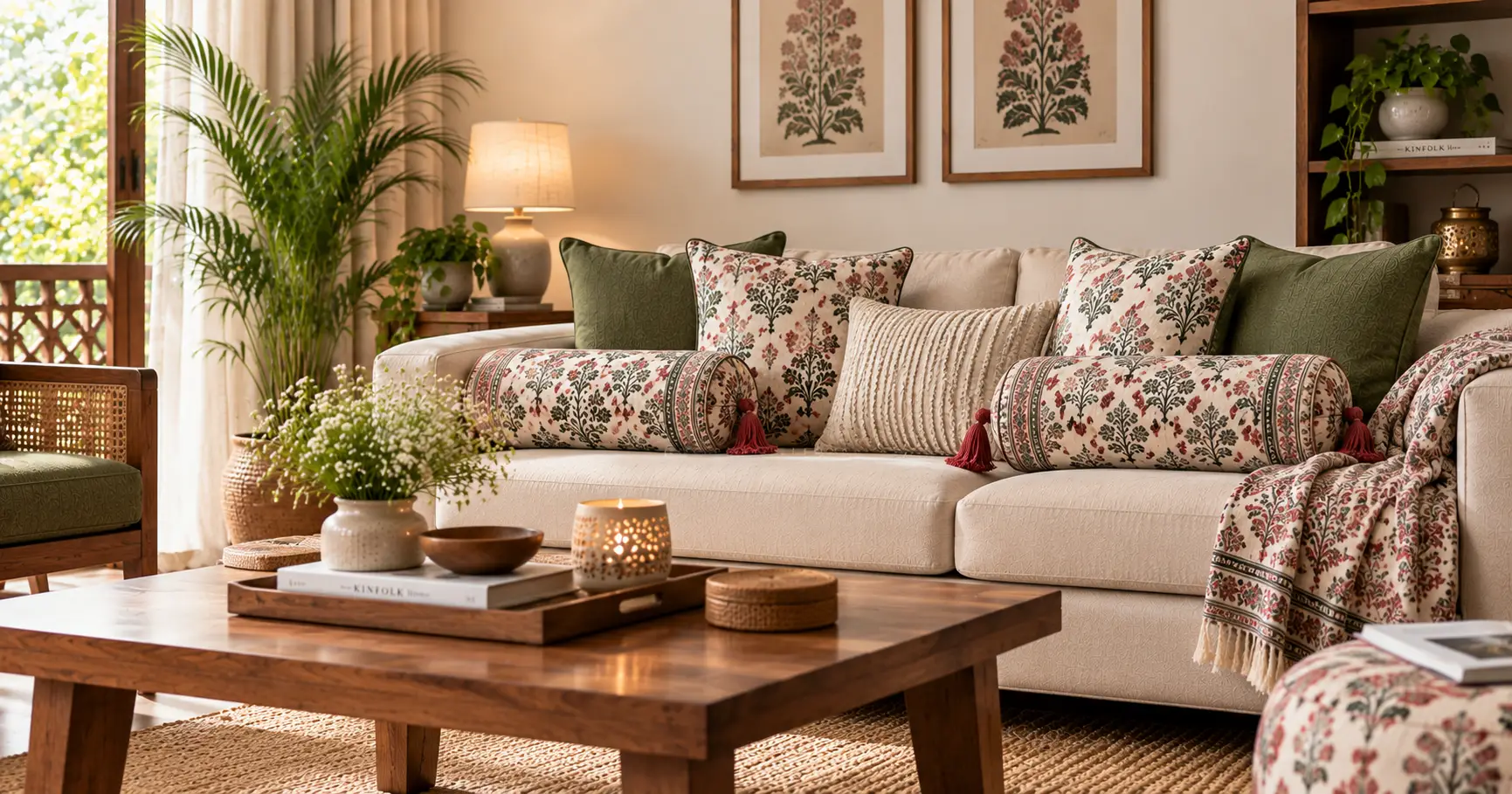 Indian home décor with patterned cushions and cotton textiles