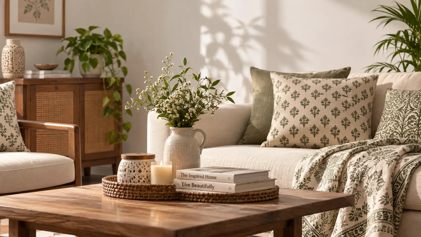 Indian-inspired home décor with patterned cushions and textiles
