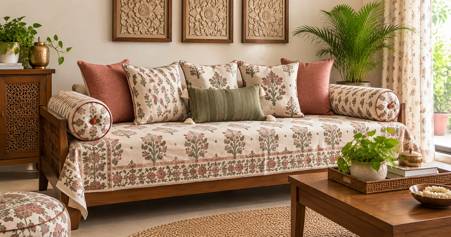 Layered cushion arrangement for living room sofa