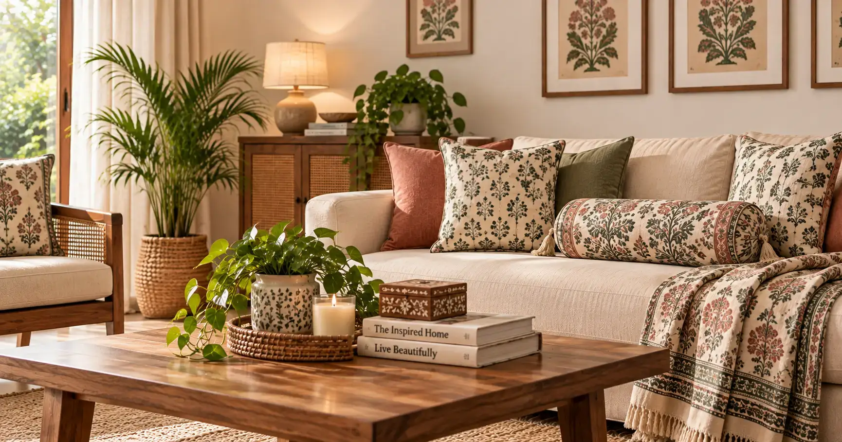 Living room sofa with decorative cushion covers and bolster