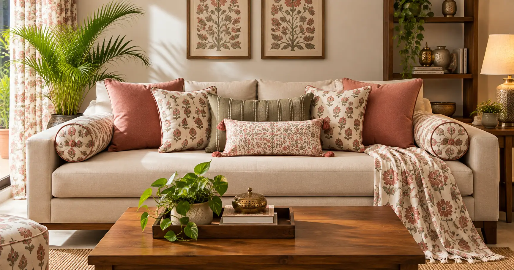 Sofa with coordinated cover and cushions for living room furnishing