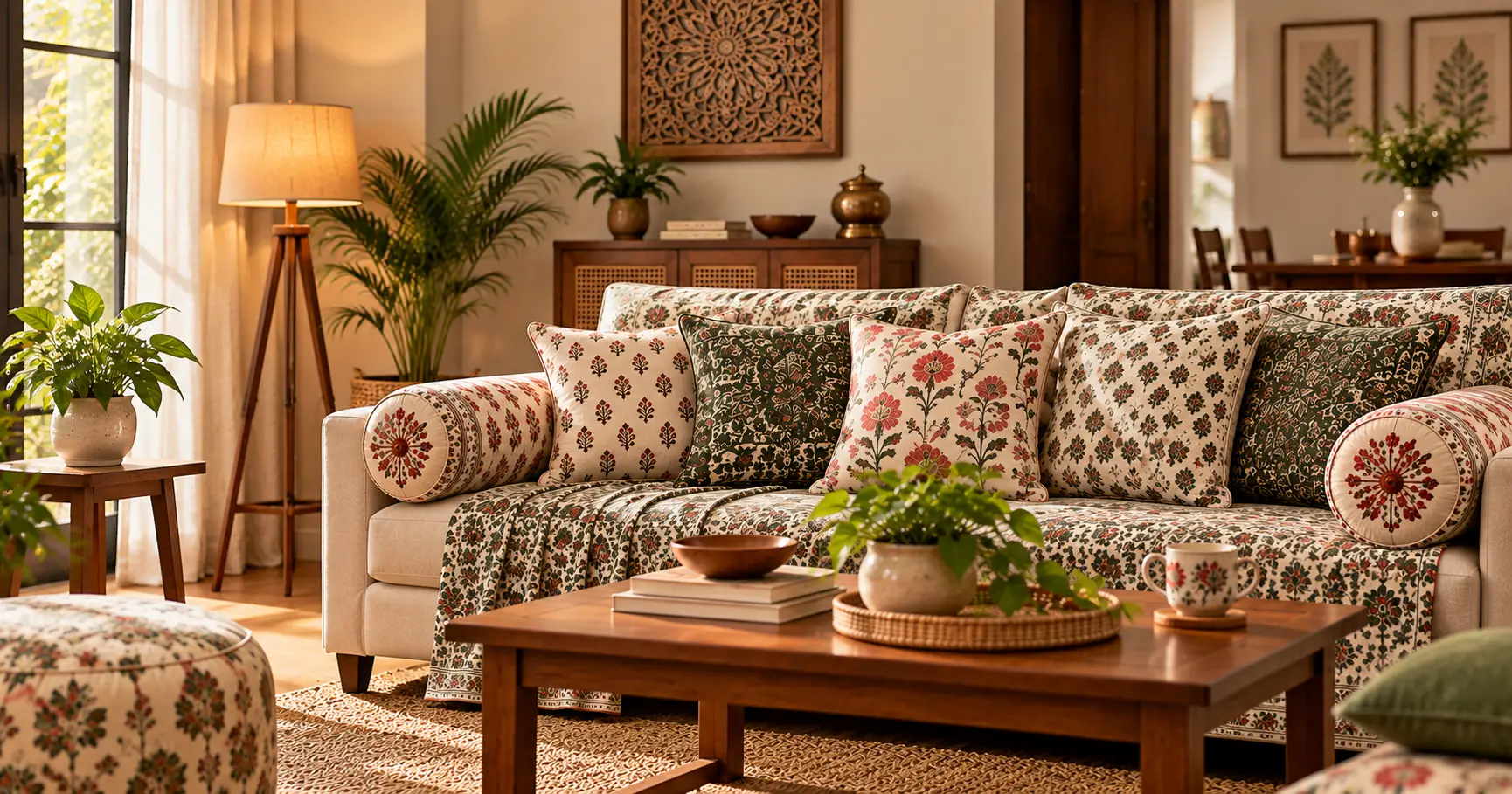 Indian living room with cotton cushions and home furnishings
