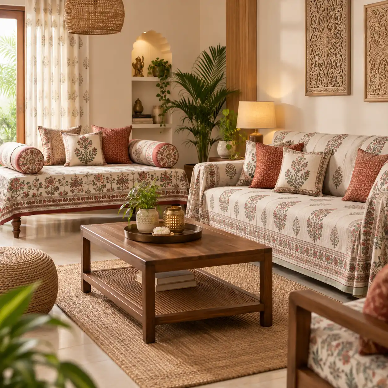 Indian home furnishing ideas with sofa covers cushions and diwan set