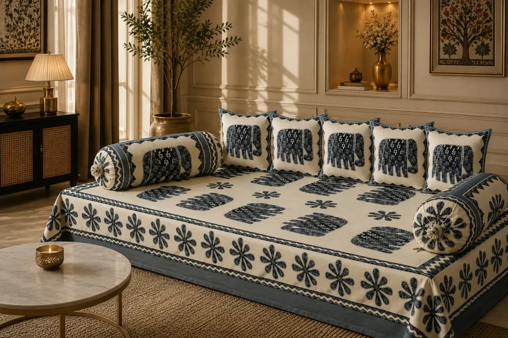 SkyKross cotton diwan set with printed cushion and bolster covers in a luxury Indian interior