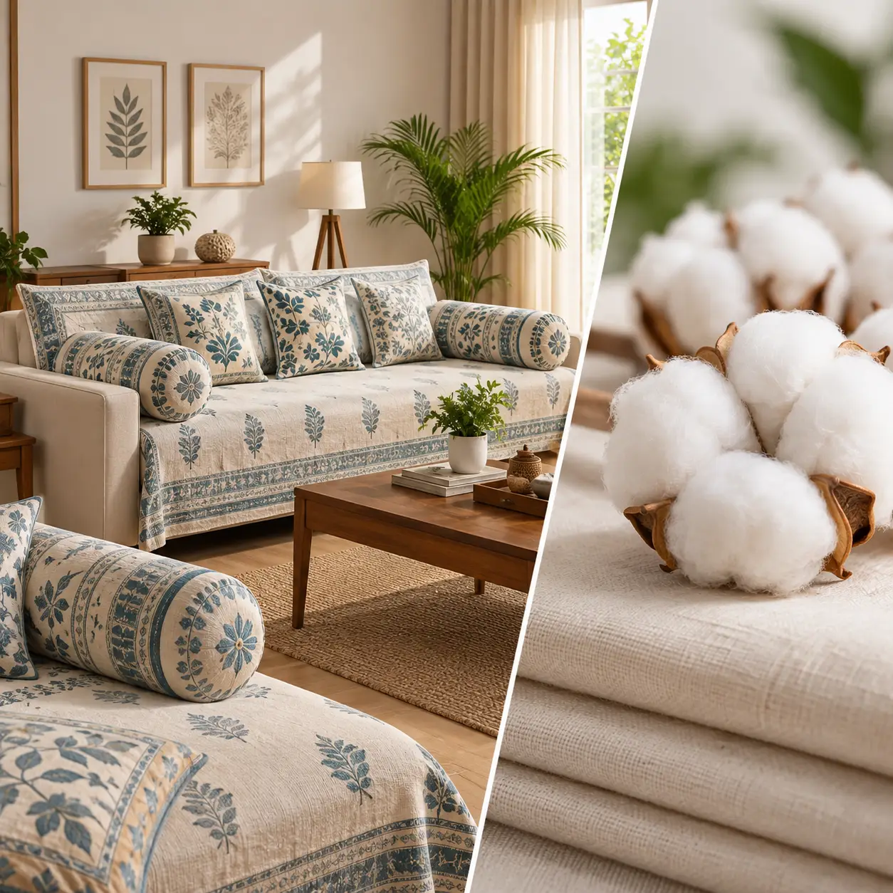 Premium cotton home furnishing with sofa and coordinated cushions