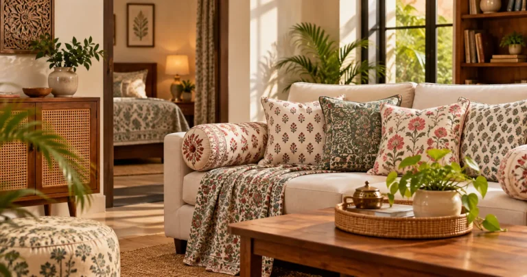 Cotton home furnishing in a stylish Indian living room